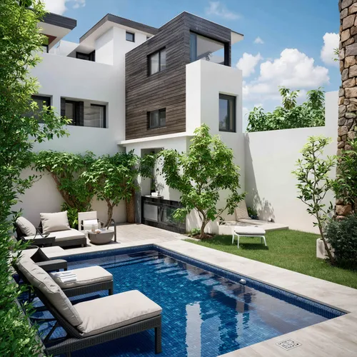 a classic courtyard villas, sustainable modern design,an pool near the house and loungers with trees around,modern house,holiday villa,outdoor pool,landscaped,pool house,roof top pool,luxury property,