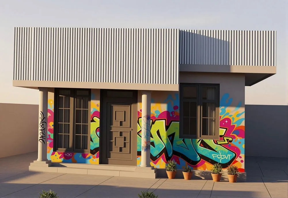 the front wall of a building has graffiti painted on it wall color che