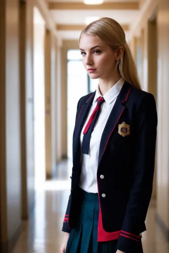BLONDE WOMAN IN SCHOOL UNIFORM IN THE HALLWAY OF THE ELITE SCHOOL,school uniform,uniform,academic dress,a uniform,nurse uniform,female nurse,flight attendant,uniforms,sports uniform,stewardess,school 