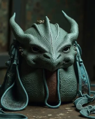 a handbag designed like a dragon head with intricate designs, positioned in the center of the image, three large gothic-style laces on either side of the left strap, one light blue and one dark brown 