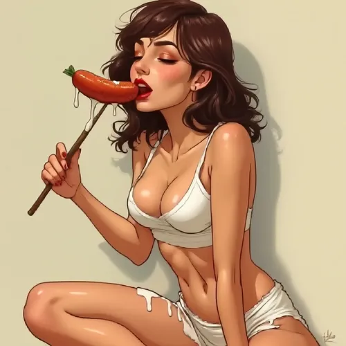 a beautiful lady, sucking on a  juicy sausage on  a stick, with white cream dripping of the sides of her full red lips, on her knees, white creamy liquid smeared all over her supple chest, wearing a w