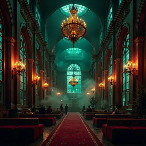 Dark mysterious atmosphere, rich jewel-toned colors, deep crimson reds, midnight blues, emerald greens, luxurious velvety textures, ornate gold accents, intricate gothic patterns, stained glass window