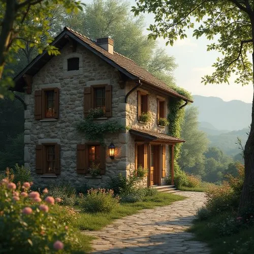 Regionalism house, rustic exterior walls, wooden shutters, sloping roof, chimney, cozy porch, vintage lantern, lush greenery surroundings, overhanging trees, blooming flowers, winding stone path, natu
