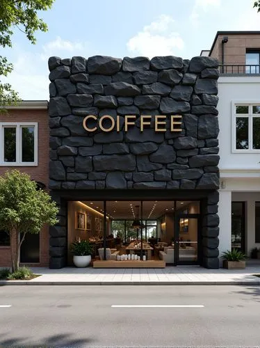 A minimalist coffee shop facade with an oversized black rock wall, featuring the word "COFFEE" in gold lettering on top of it. The store is located next to a gray road and features wooden accents for 