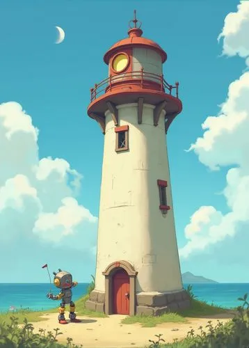 Cute Cartoon Robot Building A Lighthouse Art By Goro Fujita And Simon Stalenhag, Trending On Artstation, Hyper Detailed, Cinematic, Intricate Details, Artgerm..,a white lighthouse with a red door and 