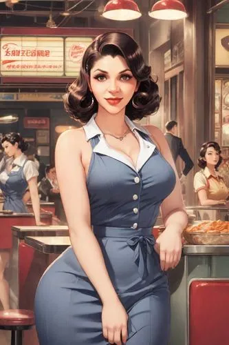 a woman standing in front of a counter top,retro diner,retro woman,waitress,vidya,retro women,retro pin up girl