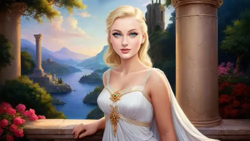 Romantic masterpiece oil painting, cute goddess girl portrait, nostalgic 1950's style kitsch, breathtaking beautiful Greco Roman landscape, majestic fantasy Greek scenery, Ancient Rome empire, evening