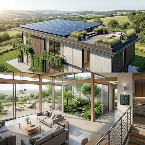 "Imagine a luxurious, eco-friendly house in 2030 with a modern and minimalist design. The house features sleek lines, large glass panels, and a solar-paneled roof. Inside, there are spacious open-plan