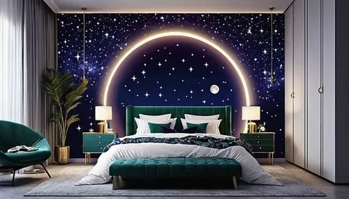  a celestial-themed bedroom. You could paint the walls a deep, rich navy blue to represent the night sky and adorn them with glow-in-the-dark stars and constellations. Hang a large, circular mirror on