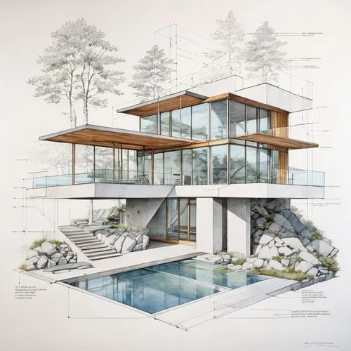 a drawing of an architectural structure and a swimming pool,cantilevers,cubic house,house drawing,cantilevered,modern architecture,modern house,glass facade,structural glass,forest house,timber house,