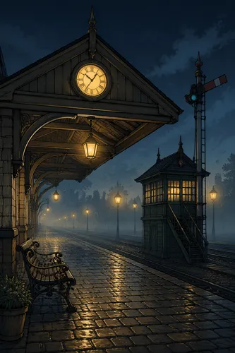 Ligne claire illustration of a misty night train station, viewed from a 45-degree angle. Clean, uniform black outlines define a wooden station canopy with a glowing round clock mounted at its peak. Fl