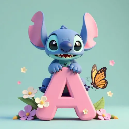 Stitch from "Lilo and Stitch" sitting on top of the letter "A", next to him is an adorable butterfly, in the style of Disney, cute, colorful background, flowers, 3D render, vector art, digital paintin
