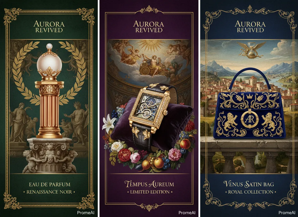 एक लक्ज़री ब्रांड के लिए तीन आधुनिक उत्पाद पोस्टरों की एक श्रृंखला, जो सभी PromeAI के साथ बनाए गए एक सुसंगत पुनर्जागरण-प्रेरित सौंदर्य को साझा करते हैं।