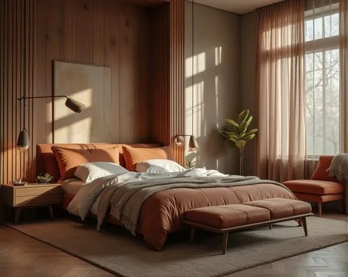 interior design,bedroom with large bed and wooden walls,bedroom,chambre,soffa,modern room,sleeping room,furnishing,Photography,Documentary Photography,Documentary Photography 01