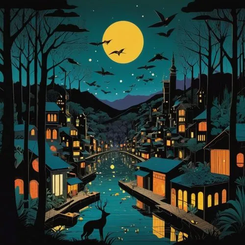 halloween illustration,night scene,halloween poster,halloween background,halloween wallpaper,kyoto,arashiyama,studio ghibli,halloween scene,digital illustration,mid-autumn festival,travel poster,game 