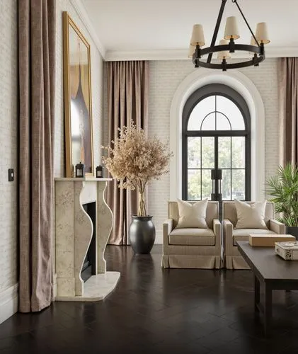 Design a classic, elegant living room with arched windows, luxurious drapery, and neutral-toned furniture. Include a statement chandelier, textured wall details, and a cozy fireplace to evoke timeless