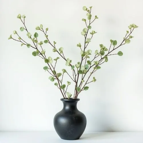 delicate elegant decorative branches with small green leaves ,on white wall,frontview, simple elegant  black stone vase
,there is a small vase with a green nch in it,a sprig of white lilac,flower vase