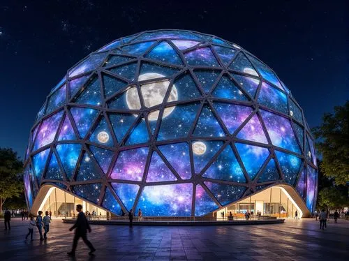 Geodesic dome structure, futuristic planetarium, celestial body displays, starry night sky, vibrant nebulae colors, sleek metallic fa\u00e7ades, parametric architecture, undulating curves, intricate g