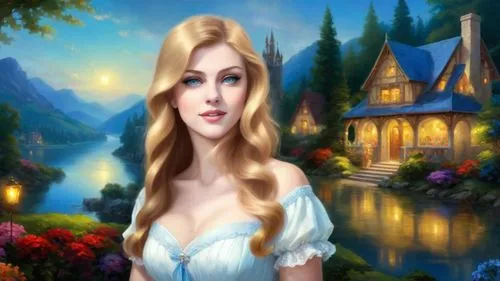 Romantic masterpiece oil painting, cute girl portrait, nostalgic 1950's style kitsch, breathtaking beautiful kingdom landscape, majestic fantasy scenery, evening lighting,  highly detailed, highres, a
