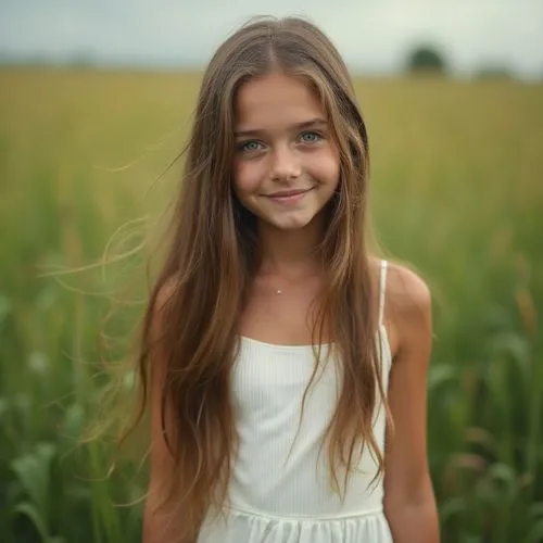 Ultra hd, 8k , masterpiece, most beautiful girl, long brown hair, smiling at the camera, tight white dress, big round green eyes, in a weed field,a little girl smiles as she poses for a portrait,young