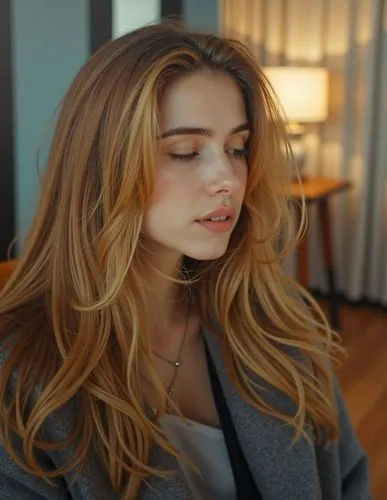 An oil paint of a beautiful caucasian young woman with long blonde hair sitting on a chair in a living room. She is wearing a gray wool jacket and has her eyes closed. The background features a large 