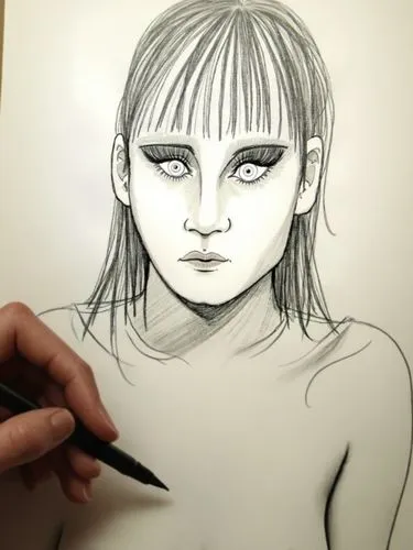 drawn with a pen by Anne Woolworth.,this is a drawing of a womans head with her eyes open,girl drawing,tomie,drawing mannequin,mathilda,camera drawing,karai,foujita,wacom,game drawing,underdrawing,gir