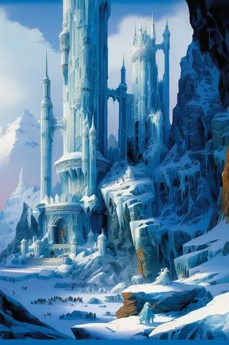 an imposing ice castle in the realm of the frost giants. Towers of ice reach into the sky, and the landscape is adorned with frozen sculptures and icy structures full-page,ice castle,ice planet,ice la