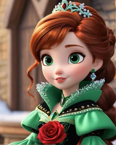 DISNEY PRINCESS ANNA. Light green dark green and black puff diamond sleeves, embroidered skillfully with diamonds and gemstones, worn on a wooden manaquin, Princess Anna of Arendele, lots of snowflake