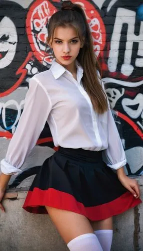 Mulher 18 anos cabelo castanho longo  amarrado para cima, olhos castanho claro, boca carnuda vermelha, rosto lindo perfeita, seios grandes,blusa branca mostrando os ombros, barriga sarada definida, pe