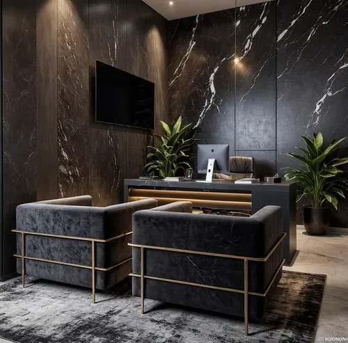 a living area with marble walls and black furniture,luxury bathroom,bath room,modern decor,contemporary decor,interior modern design,interior design,interior decoration,dark cabinetry,beauty room,luxu