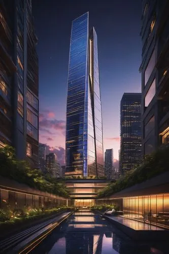 Modern futuristic skyscraper, sleek metal exterior, glass windows, complex geometric structure, angular edges, neon lights illuminating the night sky, bustling metropolitan cityscape, towering above s