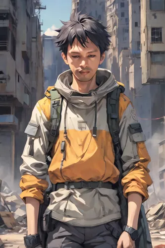 2d,gunkanjima,sakana,world digital painting,yukio,lost in war,hong,pedestrian,post apocalyptic,a pedestrian,digital painting,gangneoung,rubble,anime boy,hashima,zao,main character,would a background,a