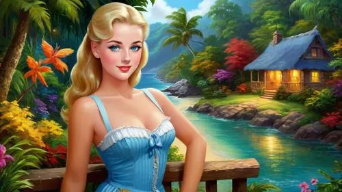 Romantic masterpiece oil painting, cute girl portrait, nostalgic 1950's style kitsch, vibrant rainforest landscape, lush tropical jungle paradise, summer beach cottage scenery, by Thomas Kinkade, by B