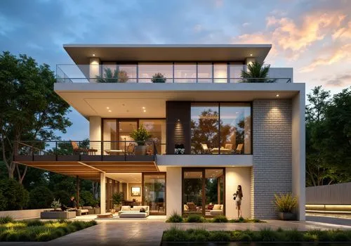 modern villa, swimming pool, teak wood pergola, living room with warm lighting can be seen inside thru a vitrocsa minimalist large windows with partially covering blinds, the fence is made of painted 