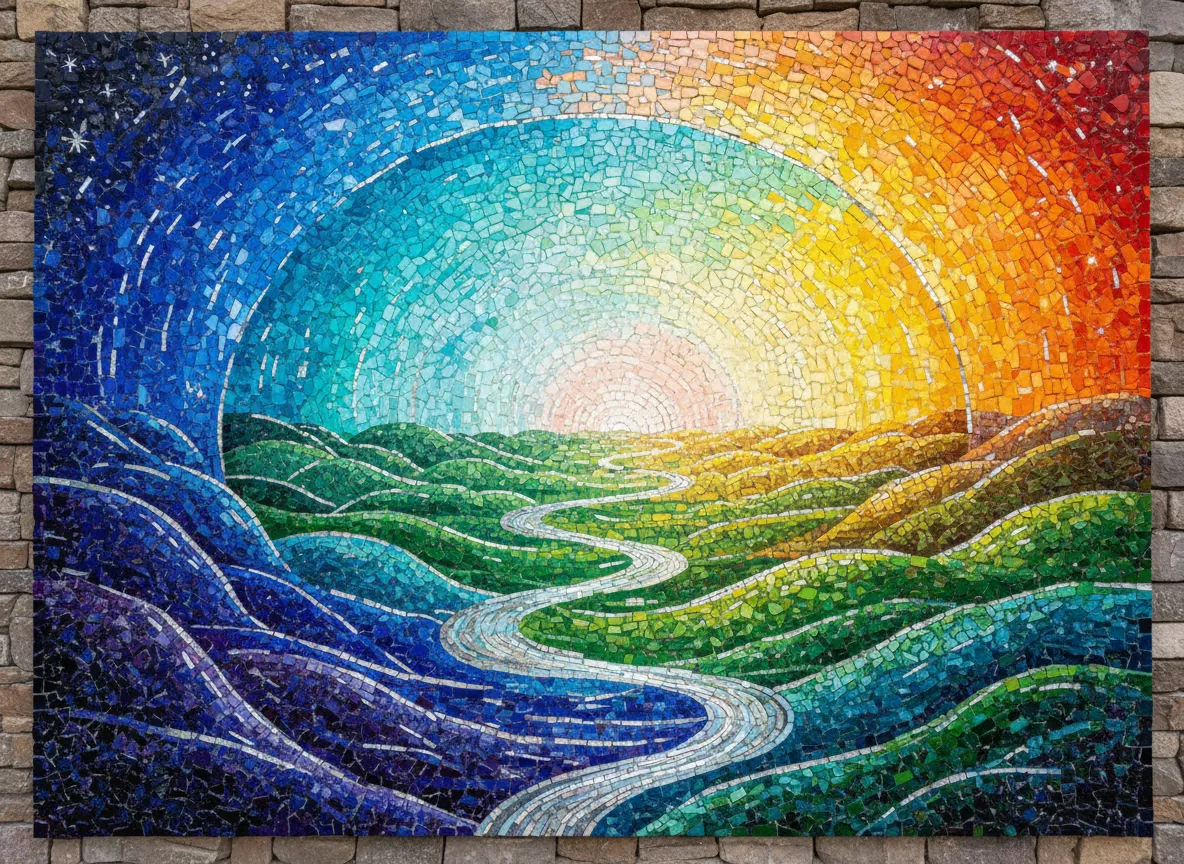 Un esempio di mosaico con uno schema cromatico complesso e meraviglioso, che mostra una transizione graduale di colori su un paesaggio curvo.