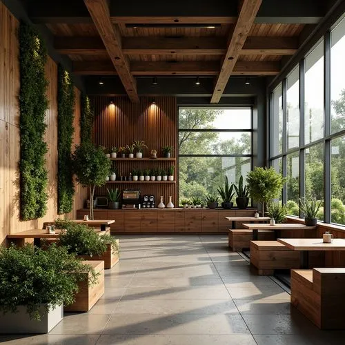 Cozy coffee shop, reclaimed wood accents, living green walls, natural stone floors, earthy color palette, organic textures, minimalist decor, large windows, abundant natural light, warm soft lighting,