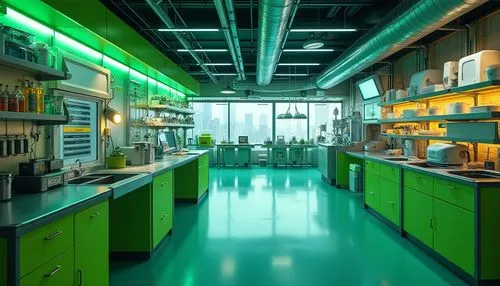 Vibrant metabolism laboratory, bold biotech architecture, neon green accents, metallic silver tones, rich wood textures, transparent glass walls, modern minimalist decor, sleek machinery equipment, fu