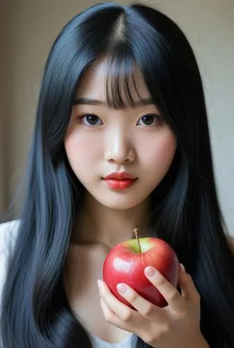  holding an apple, her black hair is long and shiny,girl picking apples,woman eating apple,ripe apple,doll's facial features,japanese doll,apple,apple half,female doll,eating apple,red apple,painter d