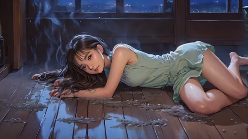 desktop wallpaper, anime style, Highly detailed illustration of a beautiful girl, laying in the floor, night time, rainy season, Studio Ghibli Film by Hayao Miyazaki, glowy magical smoke, pixiv, subtl