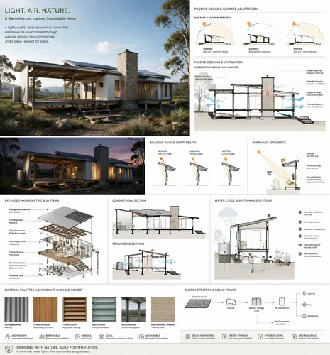 A professional architectural presentation board for a Glenn Murcutt-inspired, solar-optimized sustainable house. The layout should emphasize environmental responsiveness, material lightness, and seaml