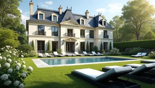 Elegant French-inspired luxury mansion with a cream stucco facade, ornate classical moldings, and tall black-framed windows. The building features a steep mansard roof with dark slate tiles and decora