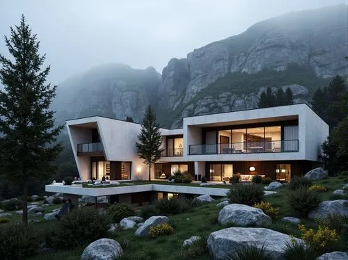 Mountainous landscape, rocky outcrops, pine trees, misty atmosphere, modern constructivist hotel architecture, angular concrete buildings, cantilevered roofs, asymmetrical facades, bold geometric patt