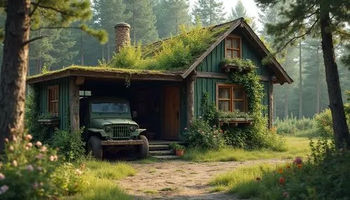 Old Green planty house in forest, flowers are blooming,  pine-tree,  planty house style, including a brown jeep car in garage. ,a green truck parked outside a small cabin,house in the forest,forest ho
