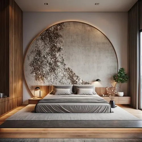 Interior design,a large circular bedroom window in the corner,headboards,headboard,modern decor,bedroom,modern room,bamboo curtain,Photography,General,Realistic