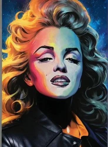 Black leather,a painting of a woman wearing a leather jacket,dazzler,barbarella,cosmogirl,pop art style,cool pop art,mdna