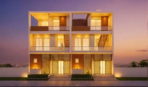 two same elevation adjacent to each other, add profile lights in yellow and orange color, use realistic materials, jaali railing, glass railing on first floor,
use adequate lighting,textured materials
