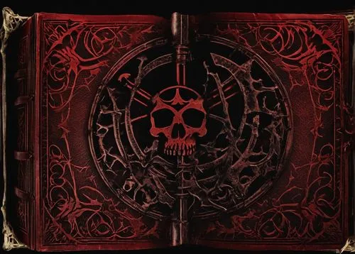 Death metal band logo, gothic font, bold italic letters, spiky edges, blood-red color scheme, black outlines, eerie glow effect, intricate design, skulls, bones, crossed scythes, inverted crosses, occ