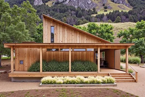A minimalist wooden cabin with a slanted roof, corrugated metal siding, and a wood storage area, surrounded by lush greenery and a serene forest environment.,wooden building with steps and bushes on f