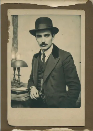 Imagine Giacomo Baessato as a fearless detective solving a mysterious case in a haunted mansion.,ambrotype,enrico caruso,stovepipe hat,salvador guillermo allende gossens,man holding gun and light,vint