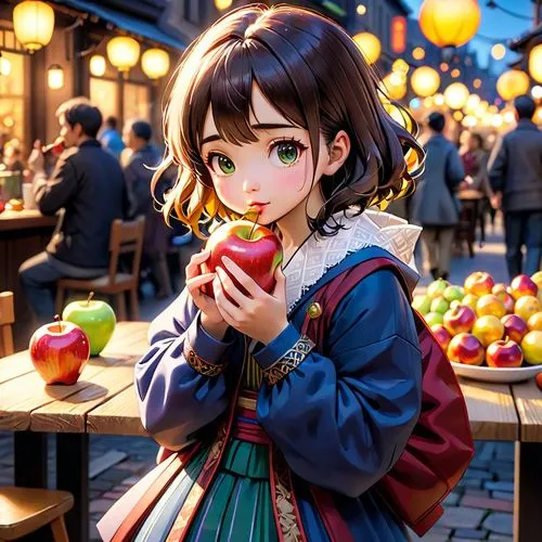 japanese style, manga, realistic,girl,eating apple,an asian girl is holding an apple in a scene that appears to be an apple vendor,woman eating apple,girl picking apples,kumiko,takoyaki,eating apple,n